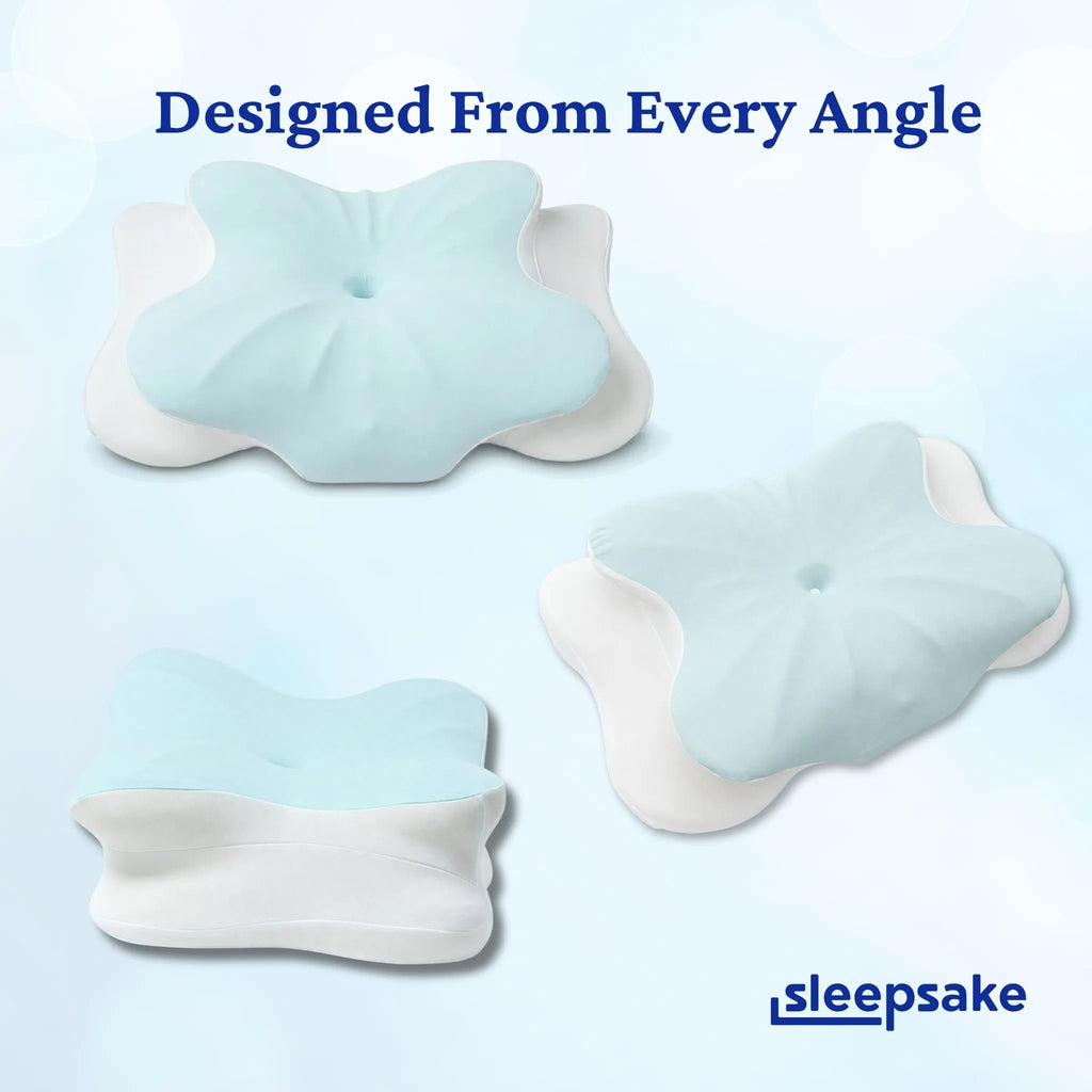 Showcasing the Sleepsake Butterfly pillow in three different orientations