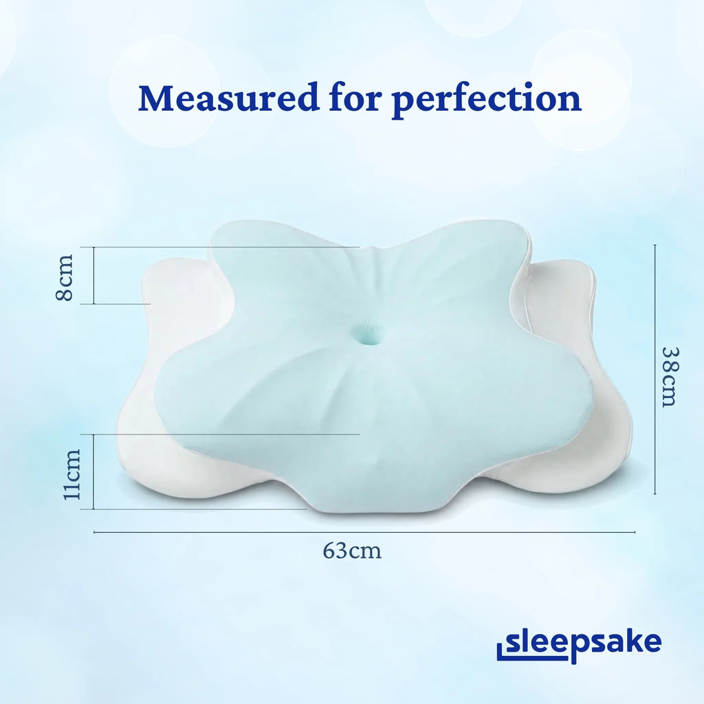 Dimensions of the Sleepsake pillow with 'Measured for perfection' text.