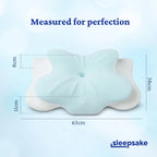 Dimensions of the Sleepsake pillow with 'Measured for perfection' text.