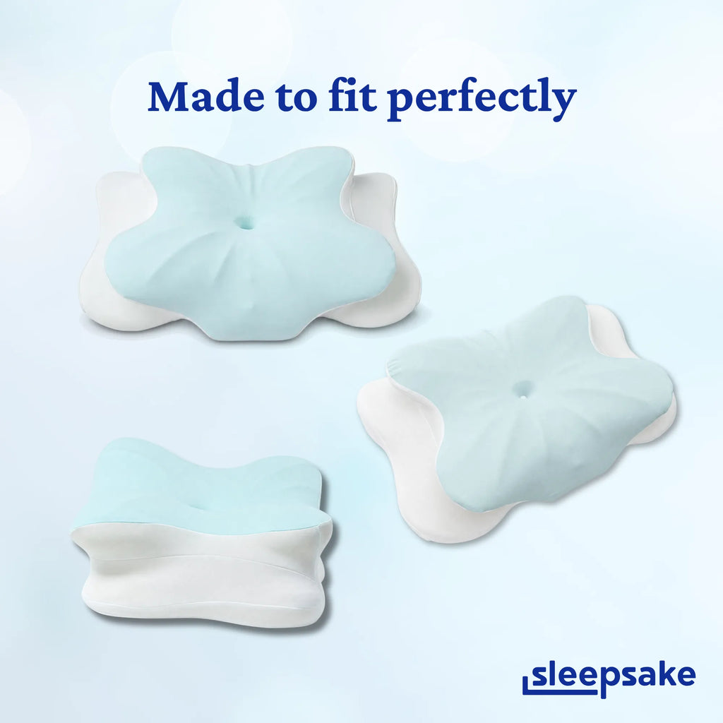 Multiple views of the Sleepsake Butterfly Pillowcase displayed on a neutral background with 'Made to fit perfectly' text and Sleepsake branding, showcasing the pillow's unique shape and design from every angle.