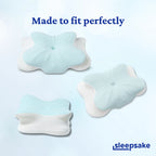 Multiple views of the Sleepsake Butterfly Pillowcase displayed on a neutral background with 'Made to fit perfectly' text and Sleepsake branding, showcasing the pillow's unique shape and design from every angle.