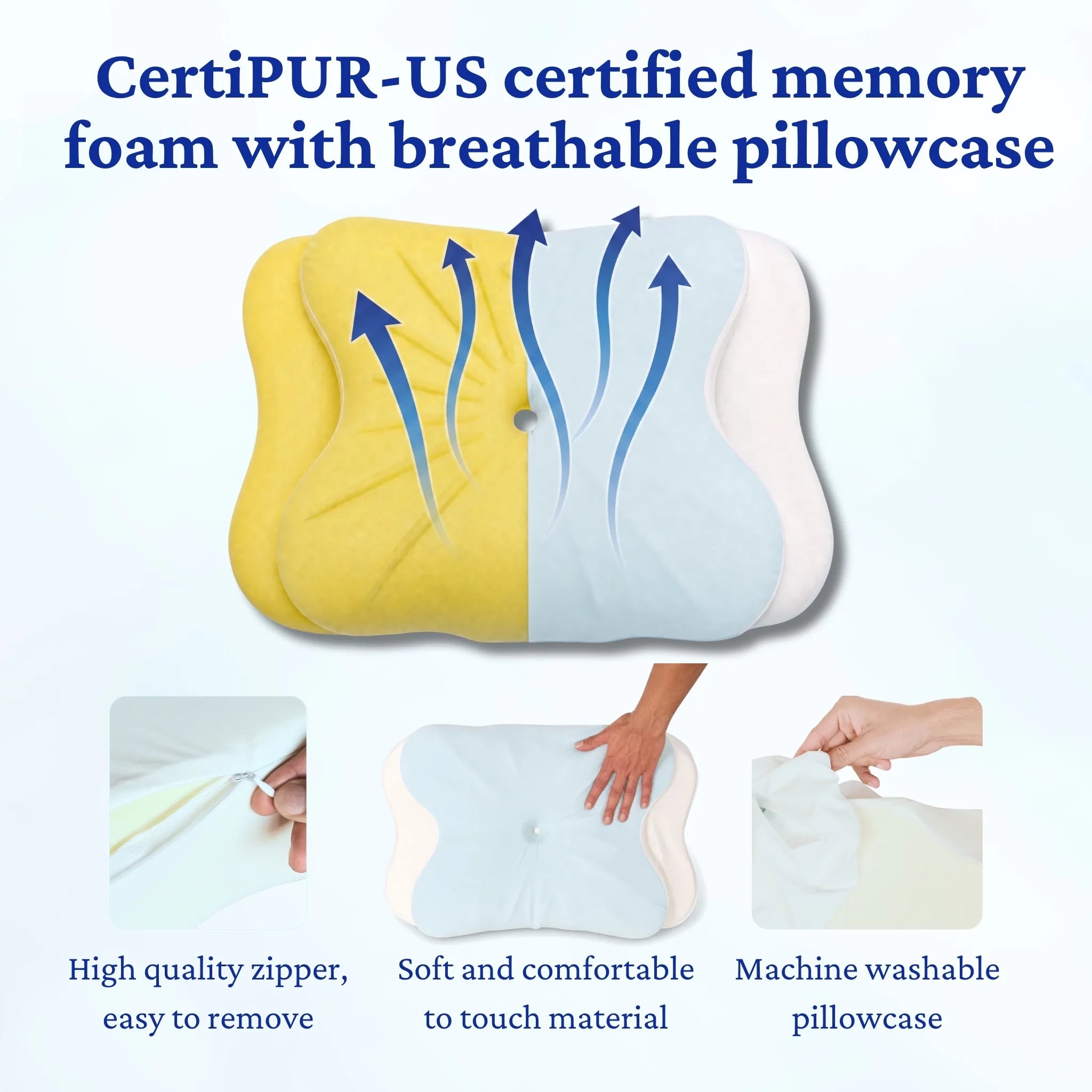 Sleepsake Butterfly pillow shows it's memory foam is CertiPUR-US certified, and it's pillowcase is soft and machine washable.