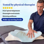 Physical therapist checking the Sleepsake butterfly pillow with text about its benefits for spinal alignment and shoulder pain.