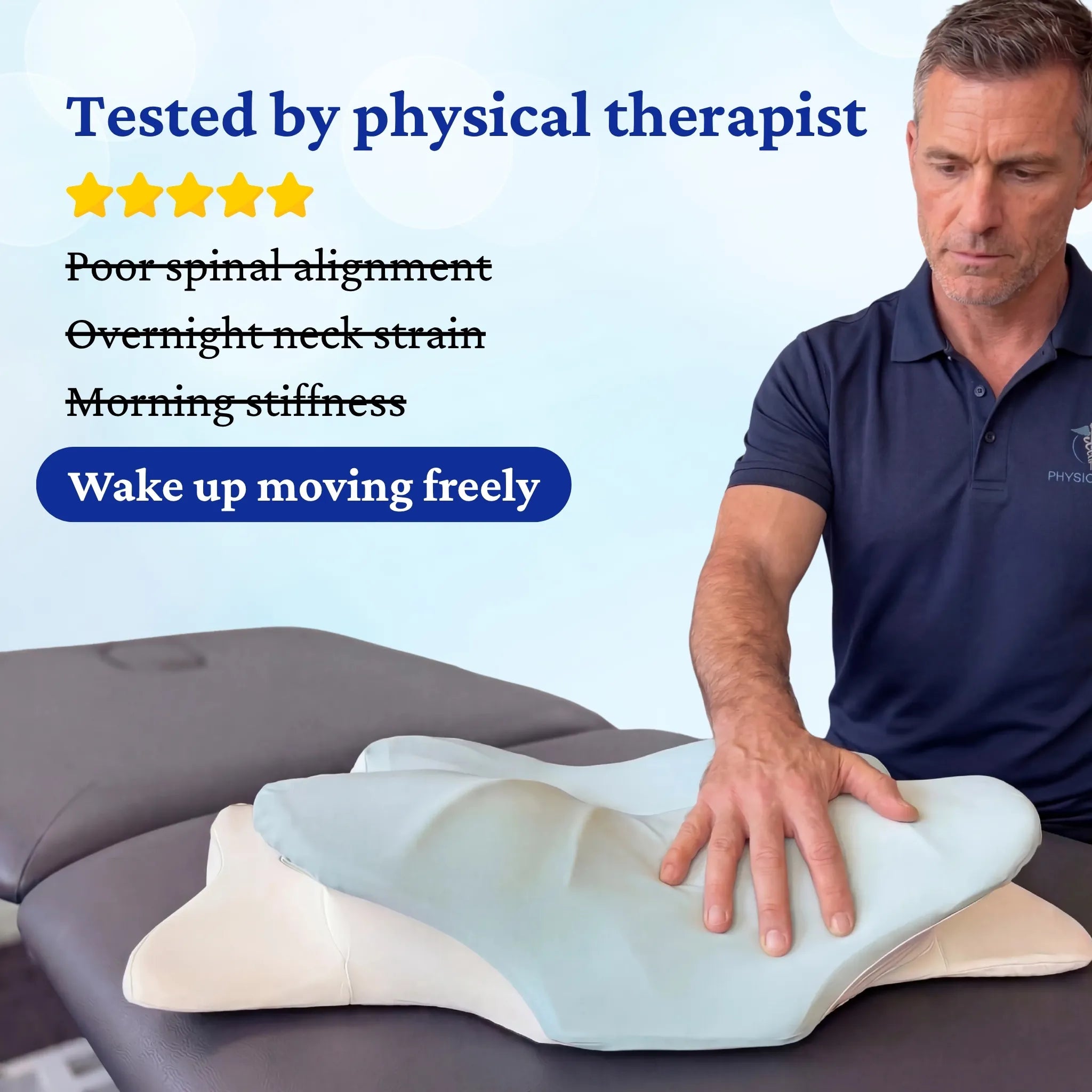 Physical therapist checking the Sleepsake butterfly pillow with text about its benefits for spinal alignment and shoulder pain.