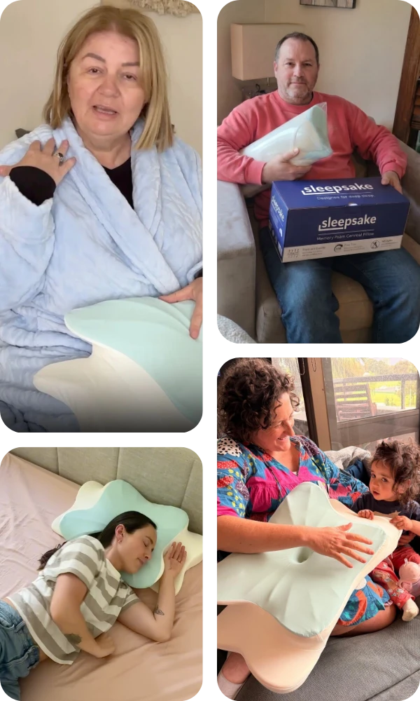 Masonry of people using Sleepsake Butterfly Pillow for comfort and support in different settings.