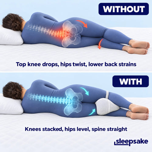 Side sleeper without a knee pillow (top knee drops, hips twist, lower back strains) vs with the Sleepsake knee pillow (knees stacked, hips level, spine straight)