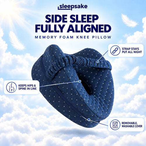 Sleepsake memory foam knee pillow in navy. Contoured leg pillow for side sleepers that keeps hips, knees and spine aligned, with a strap that stays put and a washable cover