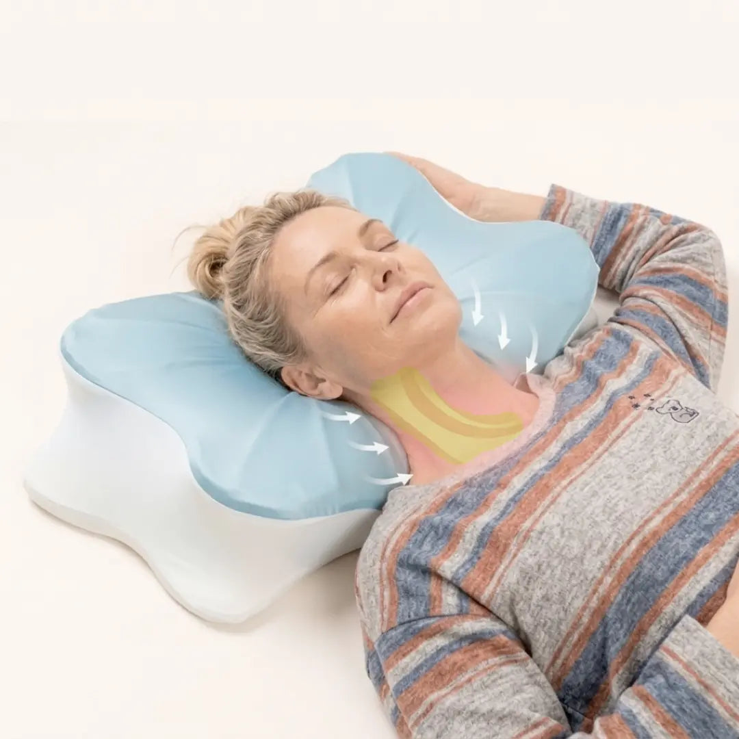 Woman sleeping on Sleepsake Butterfly pillow with neck stability