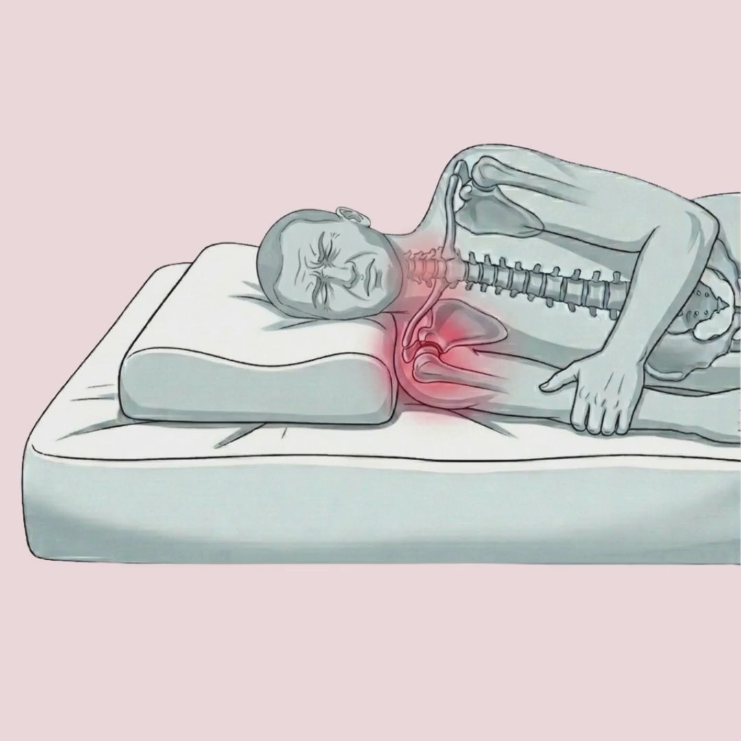 Shows transformation with the butterfly pillow. Now the person in the video sleeps pain free on his side by switching to the butterfly pillow