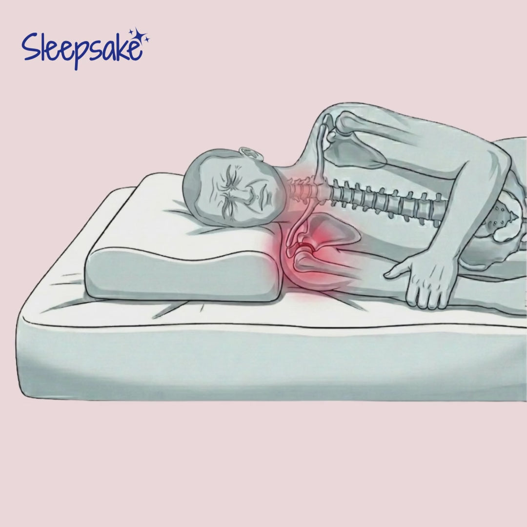 Shows transformation with the butterfly pillow. Now the person in the video sleeps pain free on his side by switching to the butterfly pillow