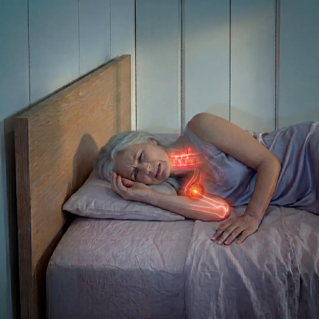 Person lying in bed with shoulder pain due to a bad pillow