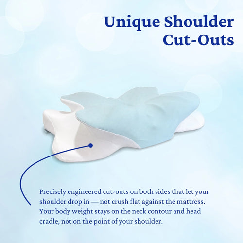 Butterfly pillow with unique shoulder cut-outs on a light blue background